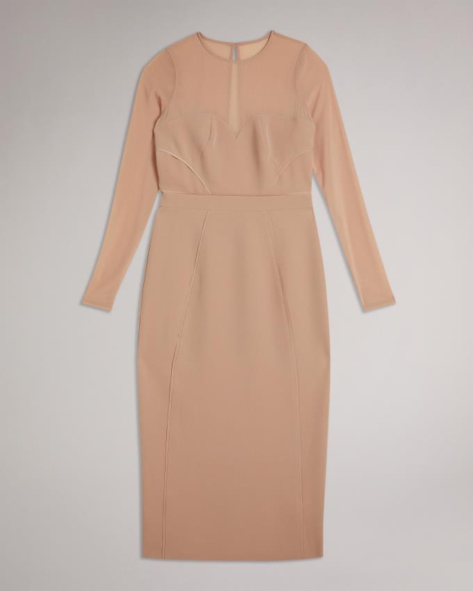 Peignoir Ted Baker Bodycon Midi With Sheer Sleeves Beige Femme | BYL-03739525